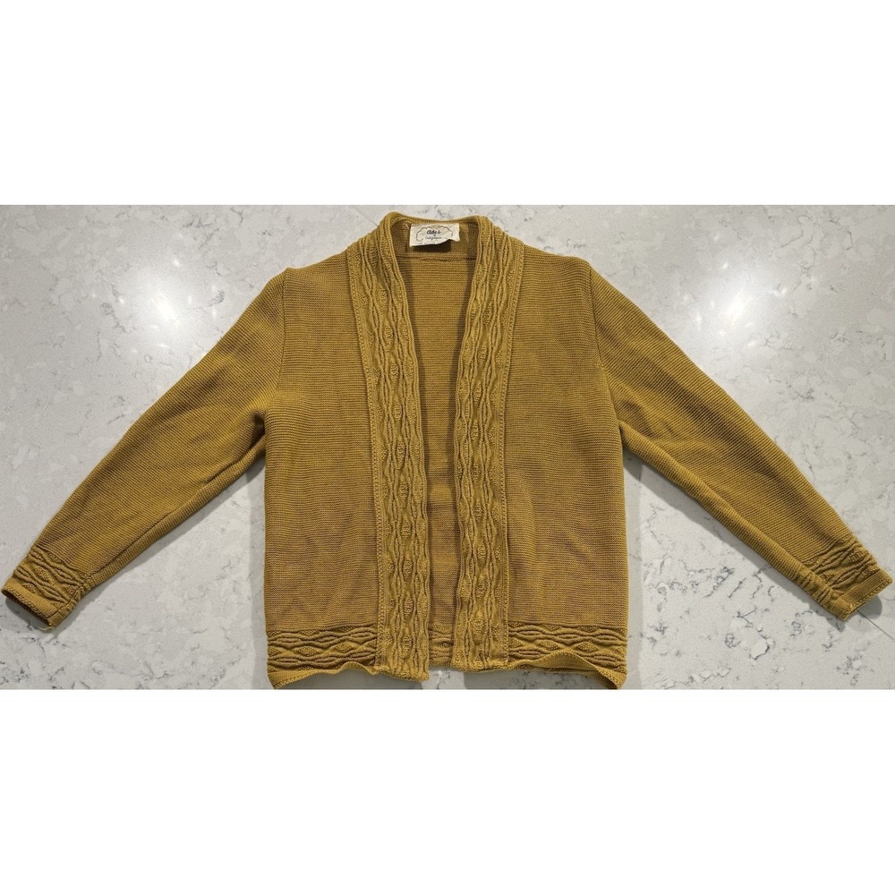 VTG 70s Ades of California Cardigan Sweater Womens Small Yellow Open Front Wool